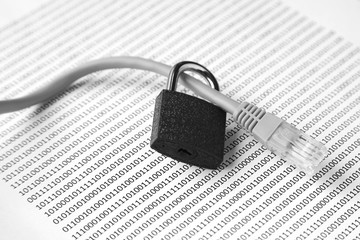 Cyber security concept image consisting of a padlock, binary code and an ethernet cable. 