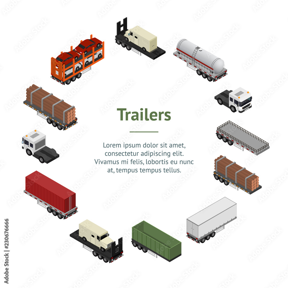 Poster Different Types Trailers 3d Banner Card Circle Isometric View. Vector