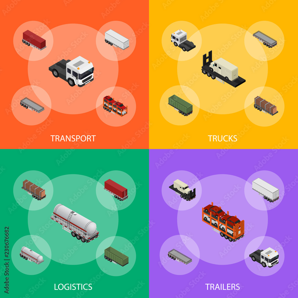 Poster different types trailers 3d banner set isometric view. vector