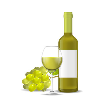 Realistic Detailed 3d Wine Bottle, Bunch Of Grapes and Wineglass. Vector