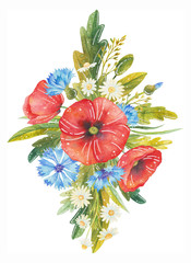 Watercolor floral composition of poppies, cornflowers, chamomiles and wild herbs for the decoration of cards, invitations and stickers.