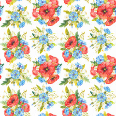 Flower pattern in watercolor style. Beautiful seamless pattern with poppies, cornflowers and wild herbs. Can be used as a background template for wallpaper, printing on fabrics.