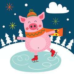winter poster with pig skating  - vector illustration, eps