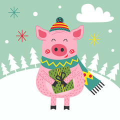 card happy new year of the pig - vector illustration, eps