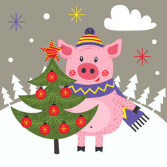 card happy new year with pig and christmas tree - vector illustration, eps
