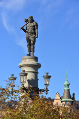 Thor with his hammer Mjolnir, sculpture militant Nordic god of Yurgordsbrun bridge (1897)....
