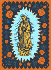 Virgin of Guadalupe vintage silk screen style poster illustration - obrazy, fototapety, plakaty