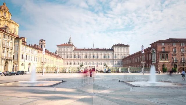 Piazza Castello, Turin Italy Time lapse Hyperlapse video at day. View of Royal Church of San Lorenzof and Cancellata di Palazzo Reale, turin most popular square. Bookshop Palazzo Madama