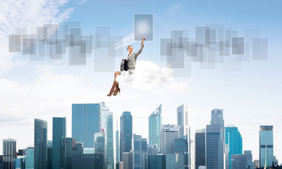 Elegant lady boss or accountant float on cloud and pointing with finger