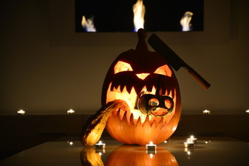 Halloween pumpkin knife monster