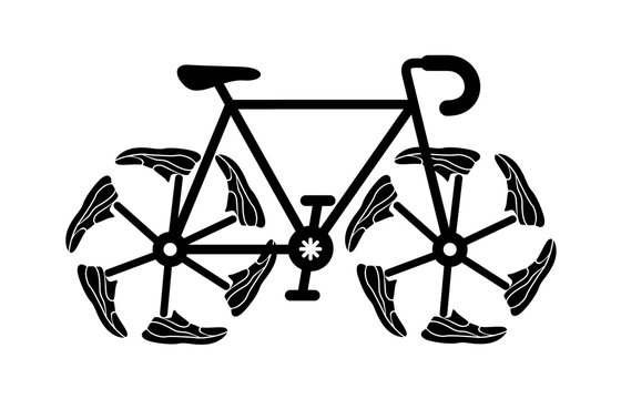 Running shoes on bike wheel. Simple ride icon.