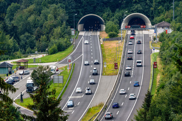 Beautiful view of mountains and entrance to autobahn tunnel near village of Werfen, Austria