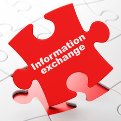 Information concept: Information Exchange on Red puzzle pieces background, 3D rendering