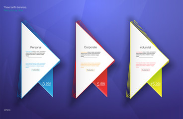 Three tariffs banners. Web pricing table. Vector design for web app. Set tariffs. Plan for website in flat design.Основные RGB