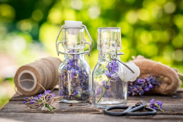 Violet and aromatic lavender in small bottles