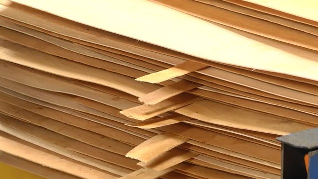 Veneer cutting Shelling machine. Production technology of plywood at the plant. Prepared veneer sheets. Furniture factory. Production of plywood. Automated production of plywood sheets.