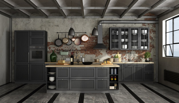 Retro black kitchen in a old room