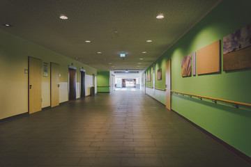 October 2018. Germany Helios Klinikum Krefeld. Interior hospital inside. Spacious deserted corridors of station, floor of new hospital, German European medicine. Theme of health care clinic interior