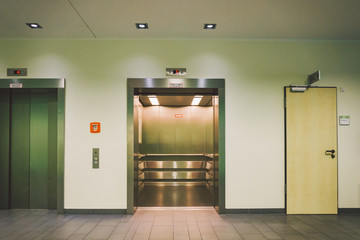 October 2018. Germany Helios Klinikum Krefeld. Interior hospital inside. Spacious deserted corridors of station, floor of new hospital, German European medicine. Theme of health care clinic interior