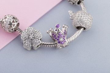 Bracelet with silver charm beads with gems