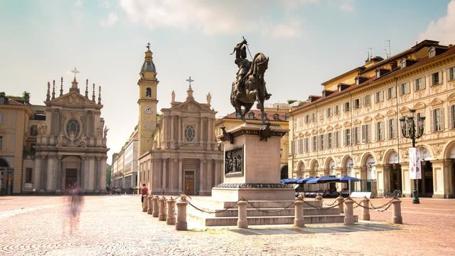 Italy, Piemonte, Turin, Piazza San Carlo, equestrian statue of Duke Emanuele Filiberto of Savoy Hyperlapse Timelapse video Turin most popular square. Chiesa di Santa Cristina e Carlo church.