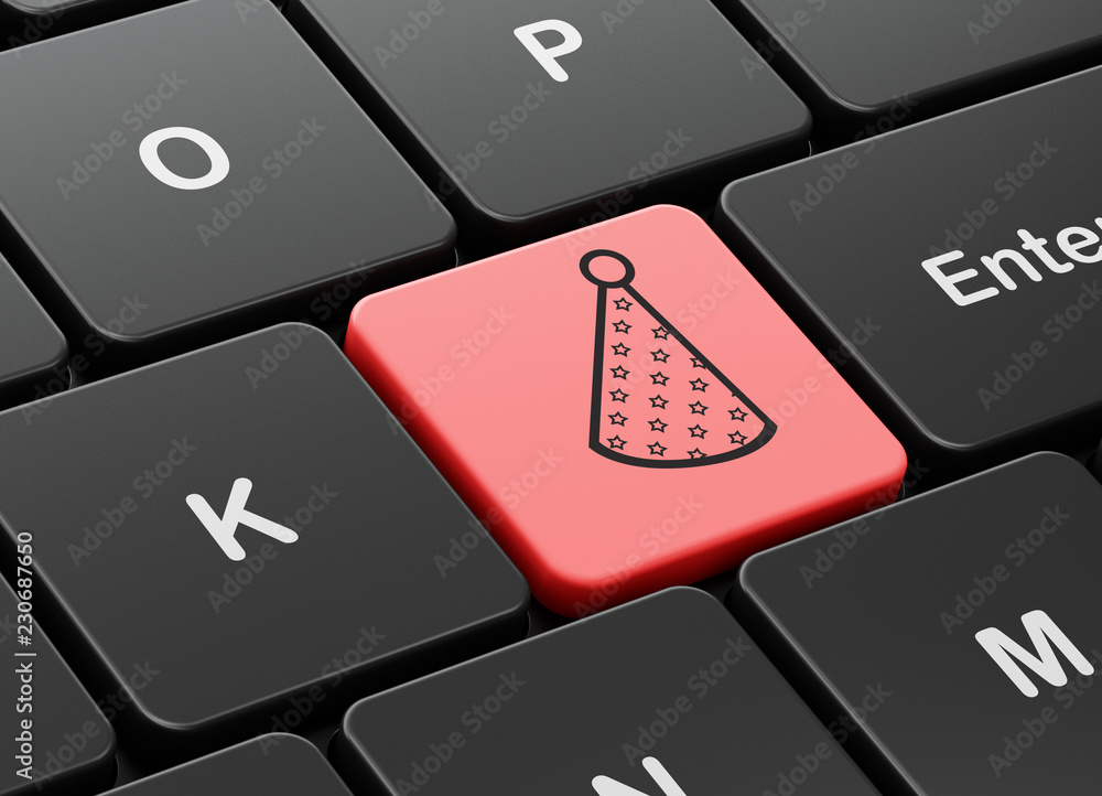 Aufkleber holiday concept: computer keyboard with party hat icon on enter button background, 3d rendering