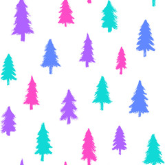 Obraz premium Seamless pattern with colorful Christmas trees isolated on white background. Winter forest wallpaper.