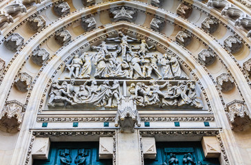 West facade of the Cathedral of Saints Vitus built in the 14th century. Bas-relief and decor of top...
