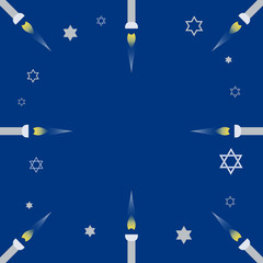 Hanukkah candles light. Jewish Festival of Lights celebration, festive background, David star symbol. Happy Hanukkah holiday greeting card, flyer template. Empty space for text. Vector illustration