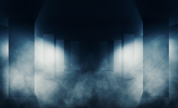 Background of an empty hall with pillars, neon lights, smoke, smog