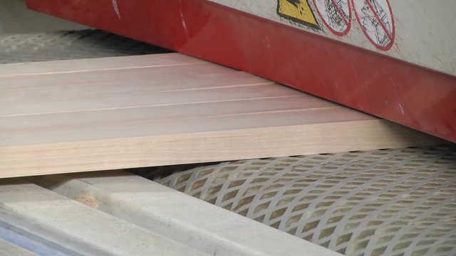 Production technology of plywood at the plant. Prepared veneer sheets. Furniture factory. Production of plywood. The machine for putting glue on an interline interval.