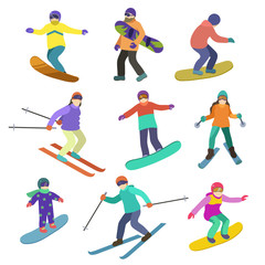 Fototapeta na wymiar Young people ride downhill in winter sports snowboarding and skiing.