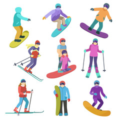Fototapeta premium Young people ride downhill in winter sports snowboarding and skiing.