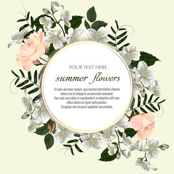 Template for greeting cards, wedding decorations, invitation, sales. Round Vector banner with Luxurious summer wild flowers and jasmine. Spring or summer design. Space for text.