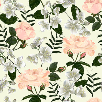 Seamless pattern with jasmine flowers. Modern floral pattern for textile, wallpaper, print, gift wrap, greeting or wedding background.