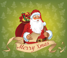 Vector Christmas postcard with Santa Claus and retro scroll banner