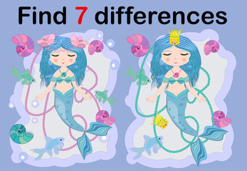 Find the difference the two illustration with sea mermaid. Children funny riddle entertainment.
