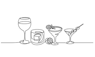 Continuous one line drawing. Bottle and glass of whiskey with ice. Vector illustration