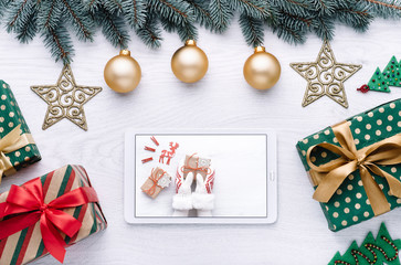 Beautiful celebratory Christmas background. New Year's holidays. Christmas holidays. Beautiful Christmas decorations on the wooden background. Loft style. Mockup