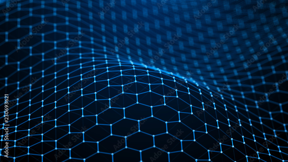 Poster Data technology background. Abstract background. Connecting dots and lines on dark background. 3D rendering. 4k.