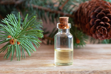 A bottle of spruce essential oil with spruce branches and cones