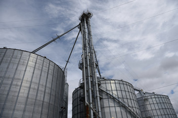 Several massive agricultural steel grain storage silos used for farming in rural far North Texas, USA