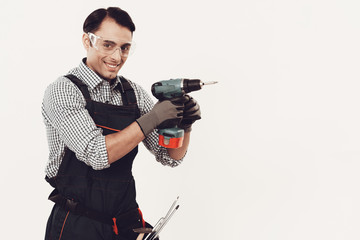 Arab Worker with Drill on White Background.