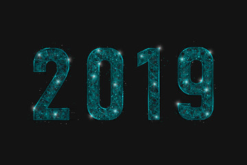 Abstract isolated blue image of  new year number 2019. Polygonal  low poly wireframe illustration looks like stars in the blask night sky in spase or flying glass shards. Digital web, internet design © Katsiaryna