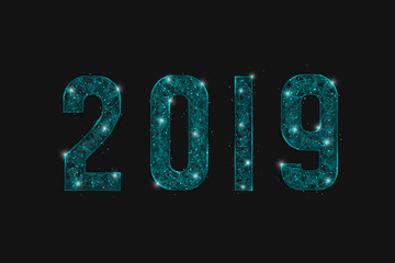 Abstract isolated blue image of  new year number 2019. Polygonal  low poly wireframe illustration looks like stars in the blask night sky in spase or flying glass shards. Digital web, internet design © Katsiaryna