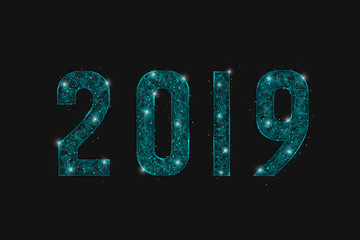Abstract isolated blue image of  new year number 2019. Polygonal  low poly wireframe illustration looks like stars in the blask night sky in spase or flying glass shards. Digital web, internet design © Katsiaryna
