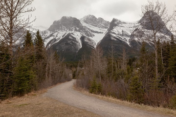 Walking trail and view of snow capped mountain in Canmore Alberta in the Canadian Rockies