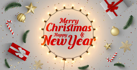 Christmas and New Year banner with festive decoration and gifts.