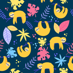 Vector seamless pattern with cute yellow sloth and colorful tropical leaves