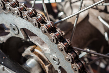 Steel gear chain on a sport bike.